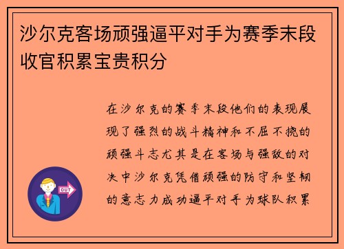 沙尔克客场顽强逼平对手为赛季末段收官积累宝贵积分