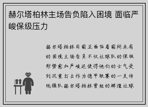 赫尔塔柏林主场告负陷入困境 面临严峻保级压力