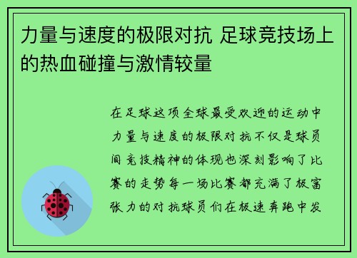 力量与速度的极限对抗 足球竞技场上的热血碰撞与激情较量