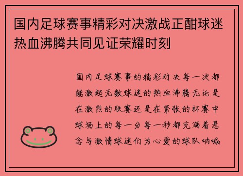 国内足球赛事精彩对决激战正酣球迷热血沸腾共同见证荣耀时刻